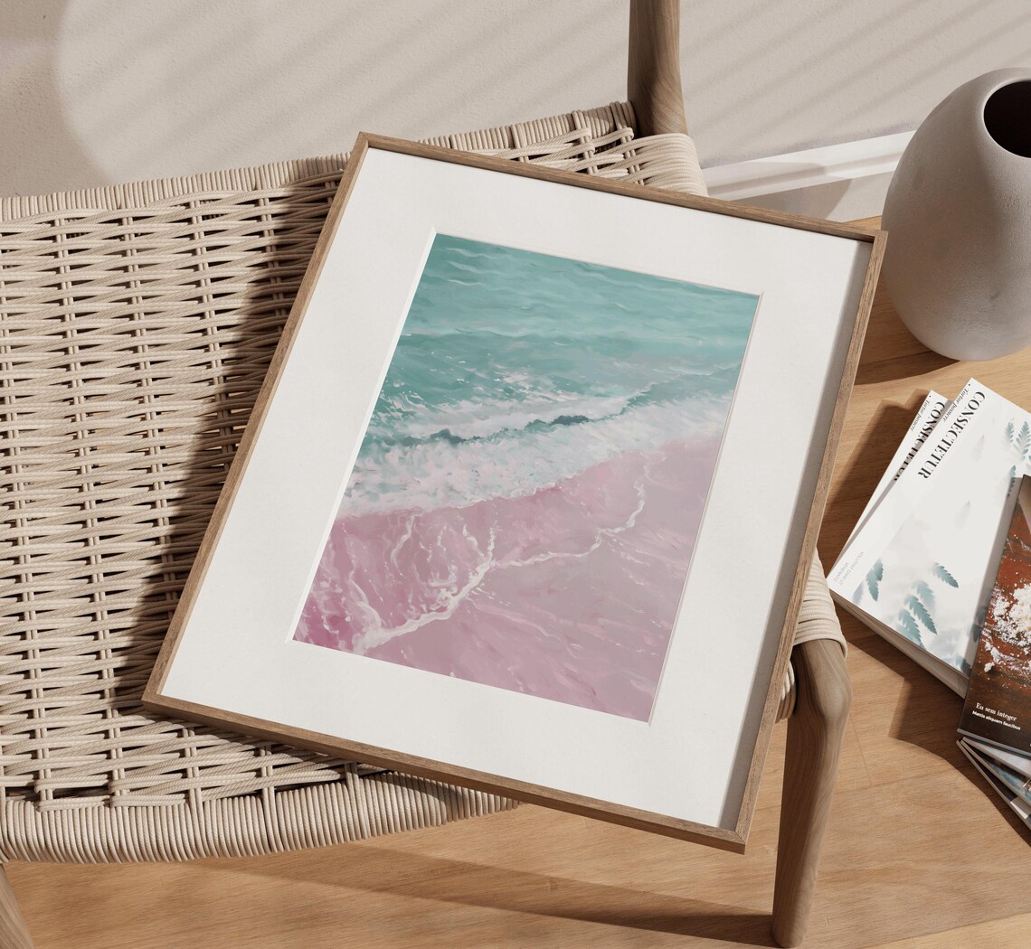Pink Sand Shoreline With Turquoise Waves Aerial Ocean Poster