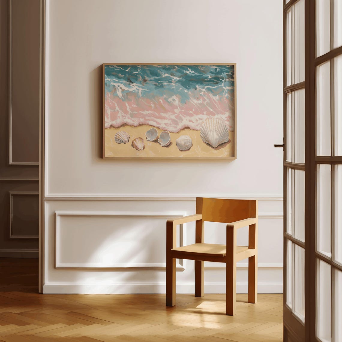 Seashells On Golden Beach Painting Turquoise Ocean Waves Poster - Image 2