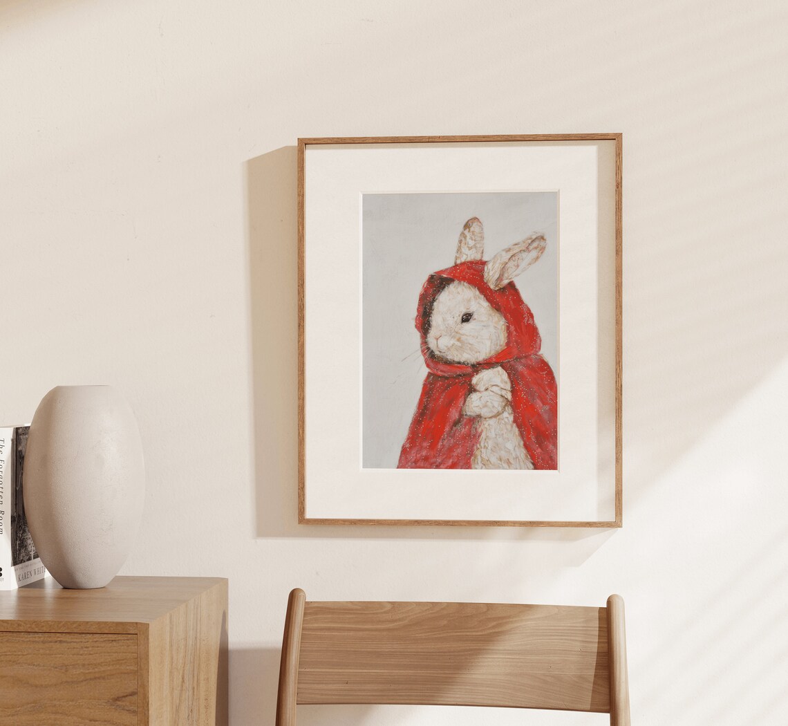 White Bunny in Red Riding Hood Cloak Woodland Nursery Art Print - Image 4