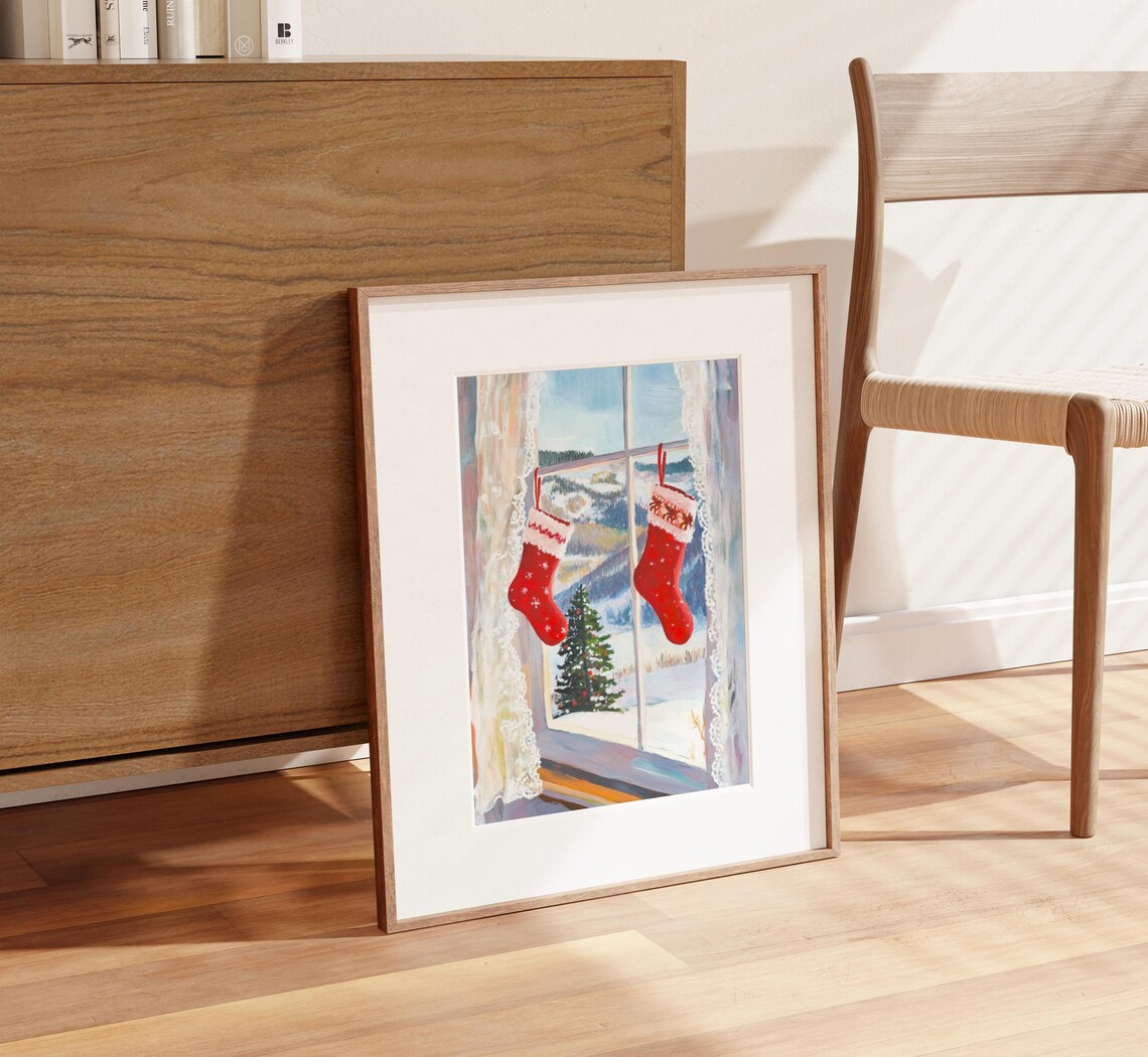 Red Christmas Stockings Snowy Window Winter Wonderland Poster - Image 2