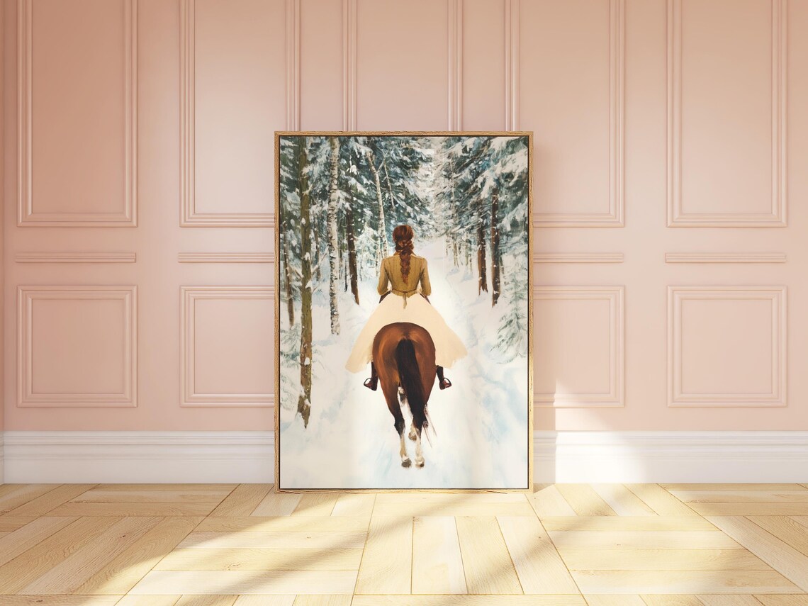 Woman Horseback Riding Snowy Forest Winter Trail Scene Poster