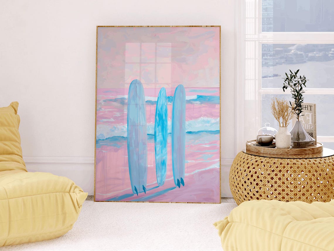 Three Blue Surfboards on Pink Beach Pastel Coastal Art Print - Image 2