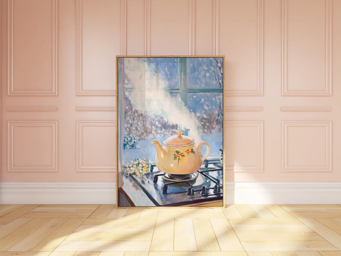 Steaming Floral Kettle on Stove by Snowy Winter Window Poster - Image 3