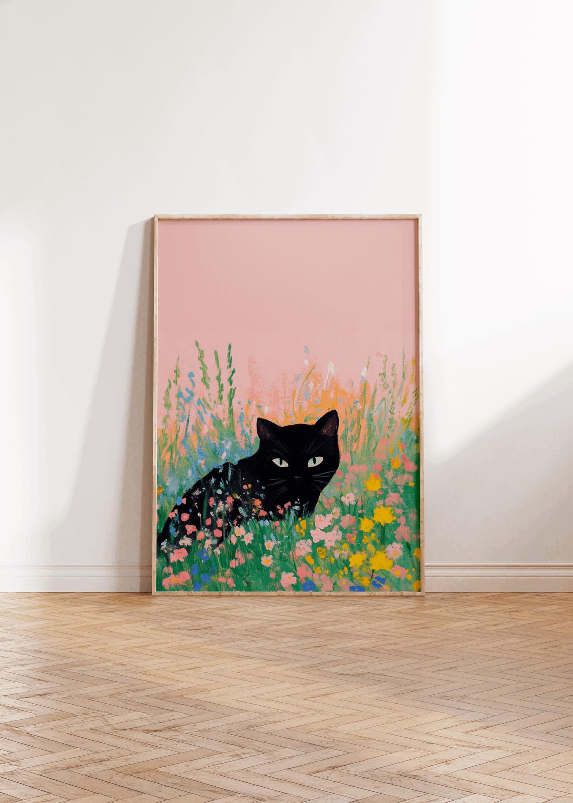Black Cat In Wildflower Field Painting Pink Spring Cat Poster - Image 3