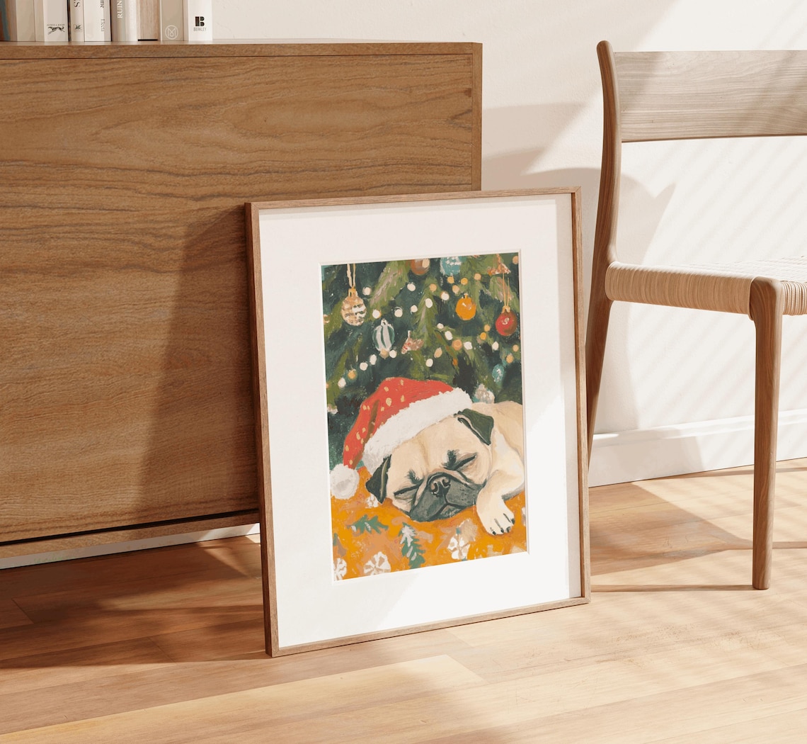 Sleeping Pug Santa Hat Christmas Tree Holiday Painting Poster - Image 2
