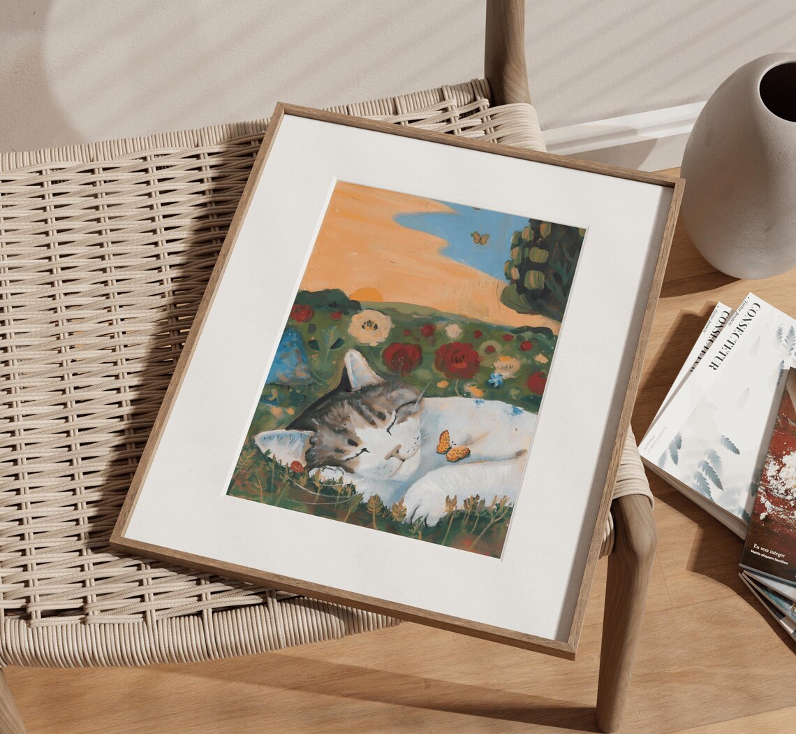 Sleeping Whimsical Cat Vintage Cat Art Print