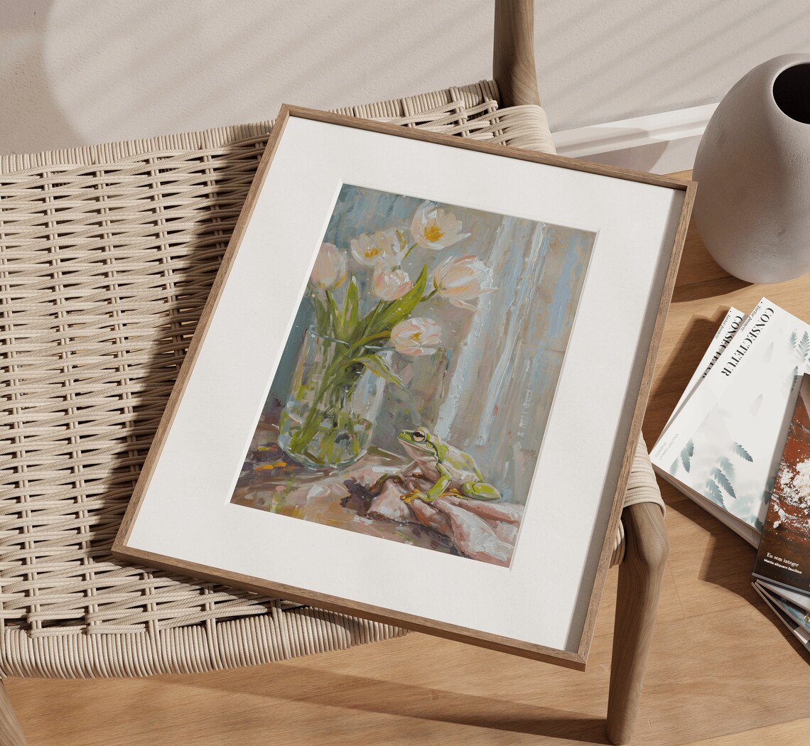 Green Frog and White Tulips Pastel Still Life Painting Art Print