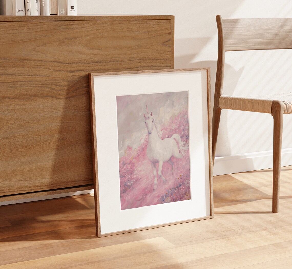 White Unicorn in Pink Flower Field Magical Fantasy Art Print - Image 4