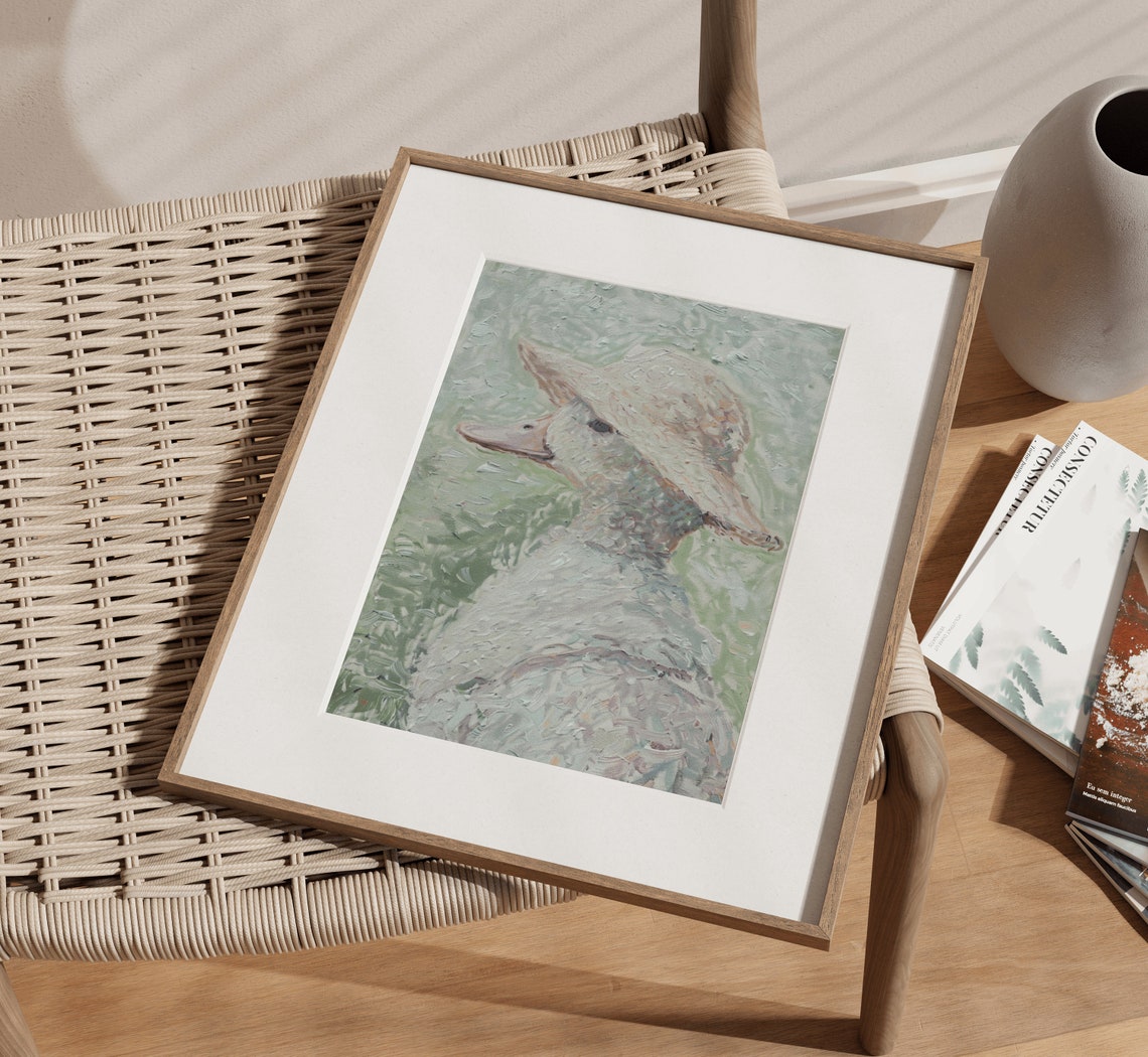 White Duck in Straw Hat Garden Portrait Vintage Nursery Art Print