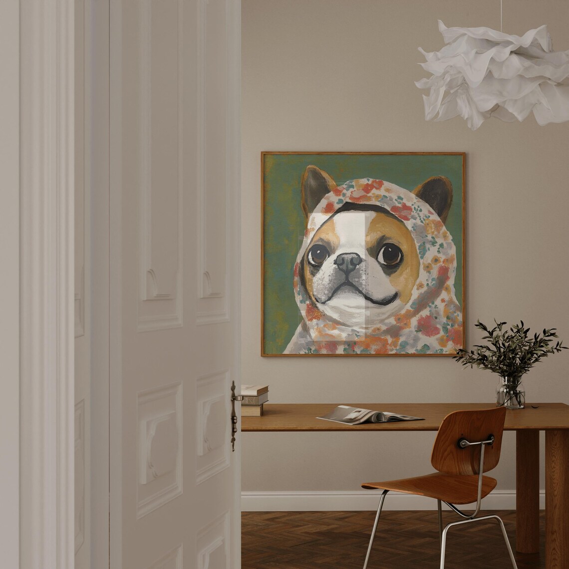 Adorable French Bulldog Puppy Floral Babushka Portrait Poster - Image 3
