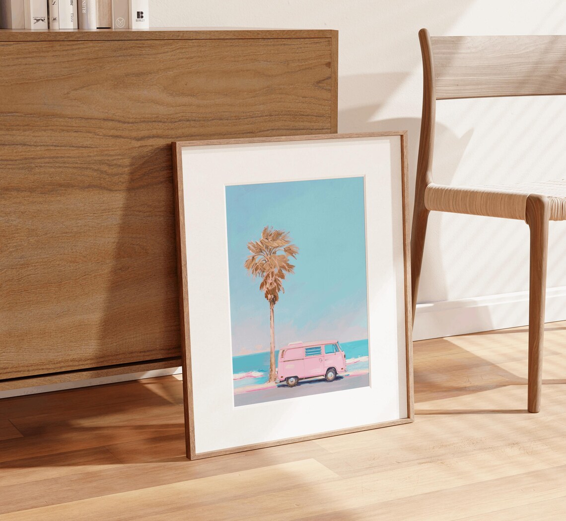Retro Pink Kombi Van Poster, Vintage Coastal - Image 3
