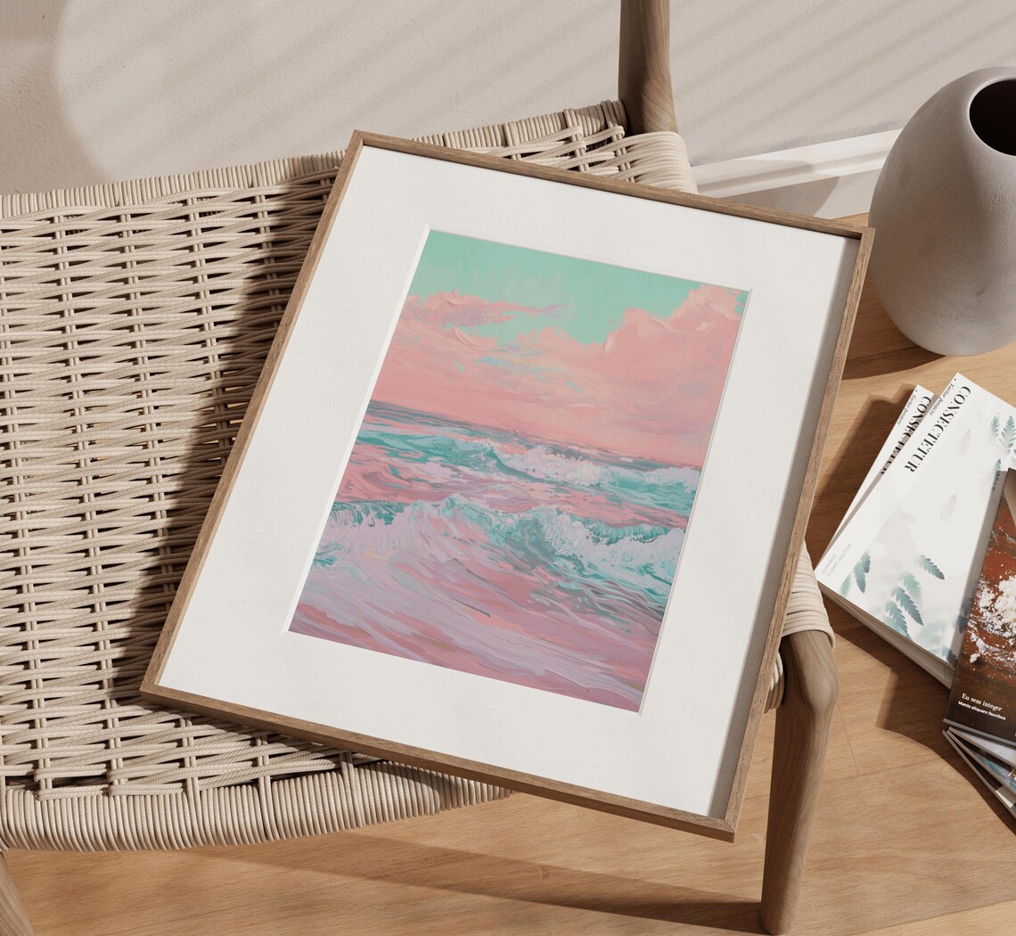 Pink Beach Ocean Print, Blush Coastal Decor
