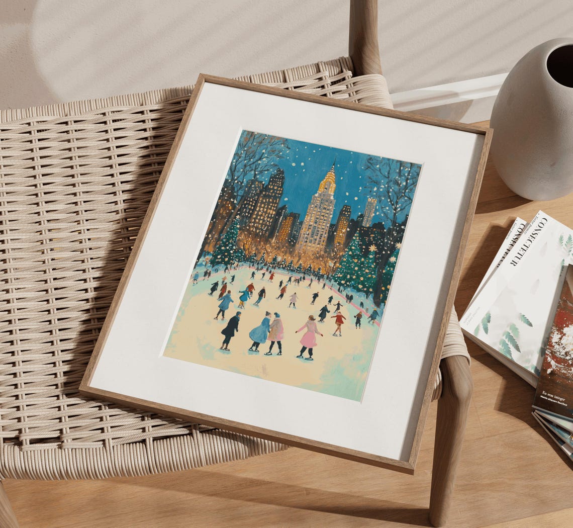 Magical New York Night Skyline Ice Skating Christmas Trees Poster - Image 3