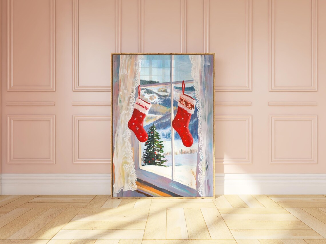 Red Christmas Stockings Snowy Window Winter Wonderland Poster