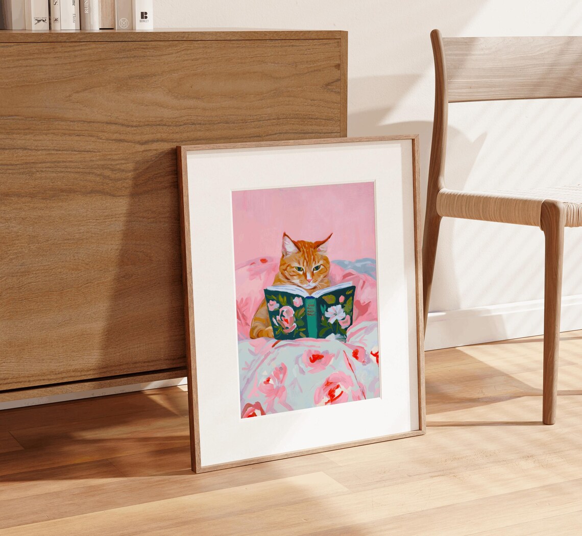 Ginger Cat Book Lover Art Print, Trendy Apartment Decor