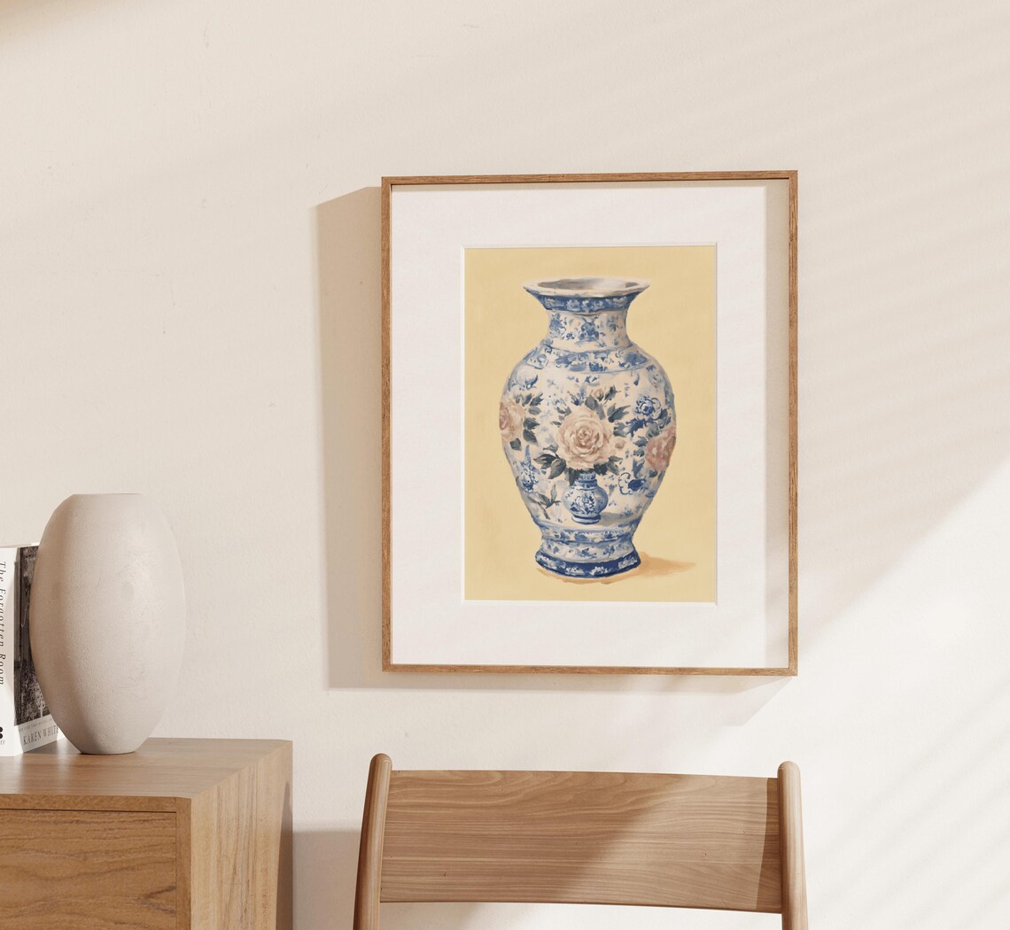 Pink Chinoiserie Vase Painting Blue Floral Porcelain Art Poster