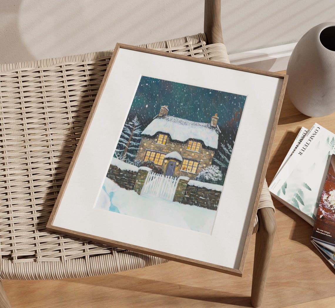 Snowy Stone Cottage with Lit Windows on Winter Night Painting Poster - Image 2