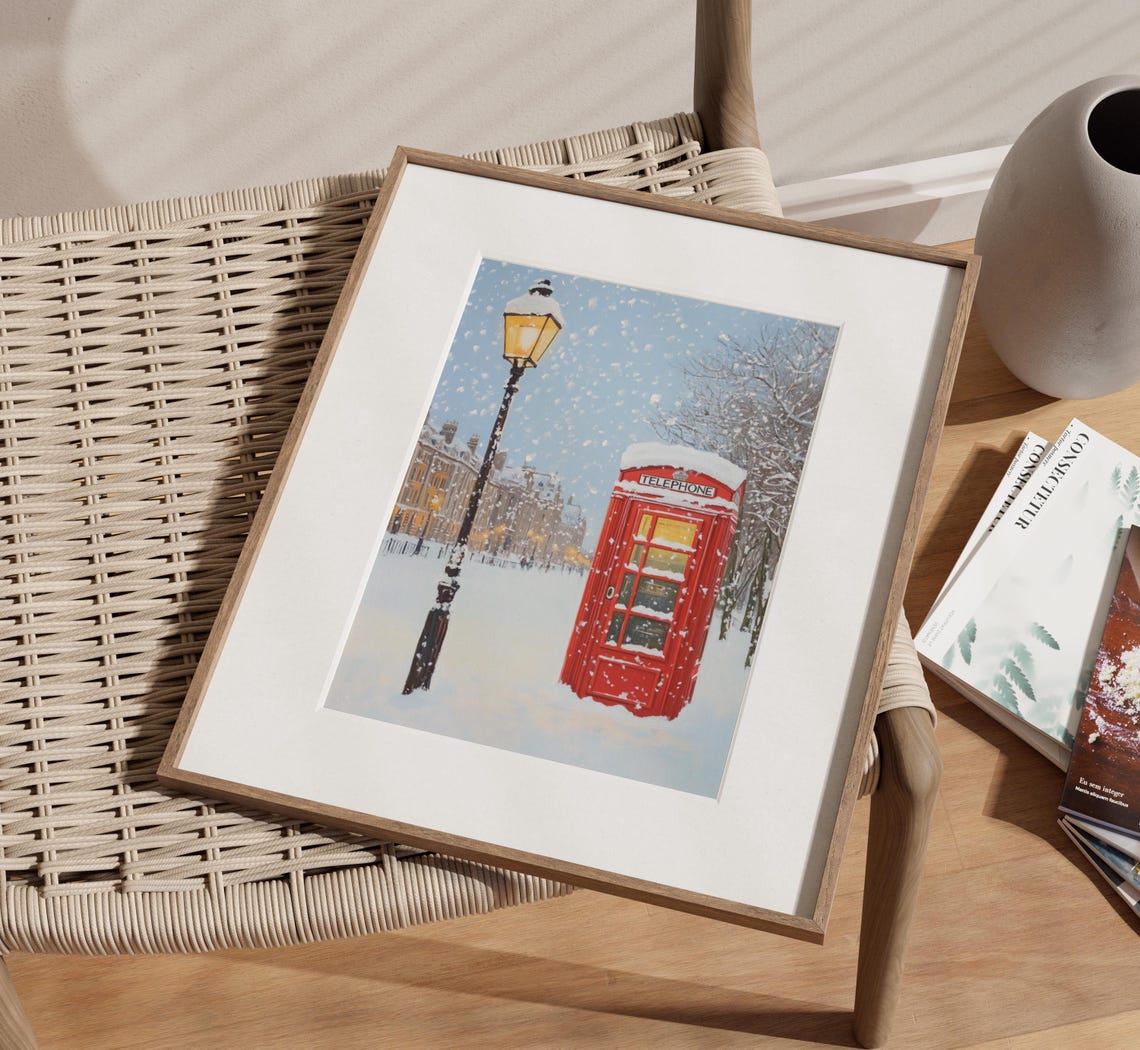 Snowy London Street with Red Telephone Booth and Lamp Poster - Image 3