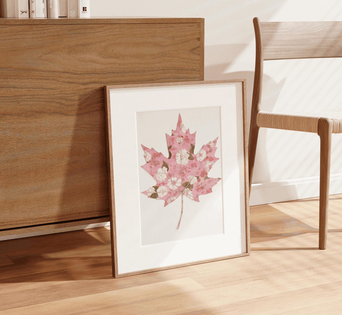 Pink Chinoiserie Maple Leaf Floral Botanical Watercolor Poster