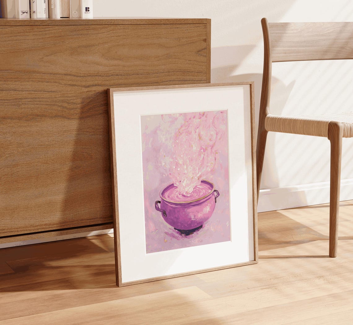 Pink Witch Cauldron Bubbling Potion Halloween Watercolor Poster