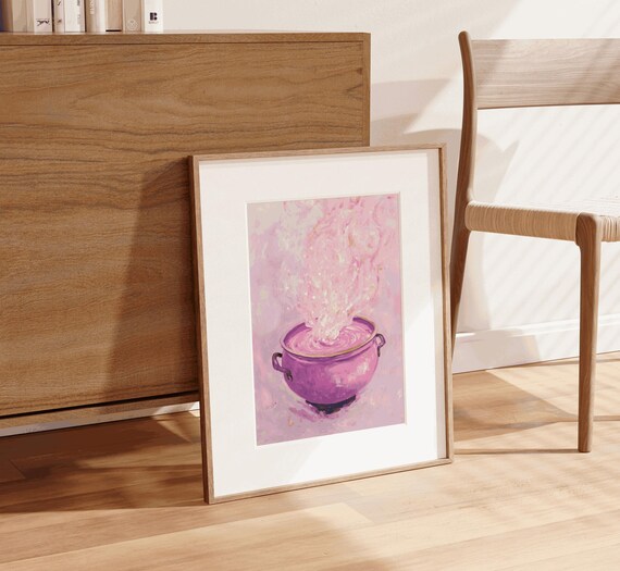 Pink Witch Cauldron Bubbling Potion Halloween Watercolor Poster