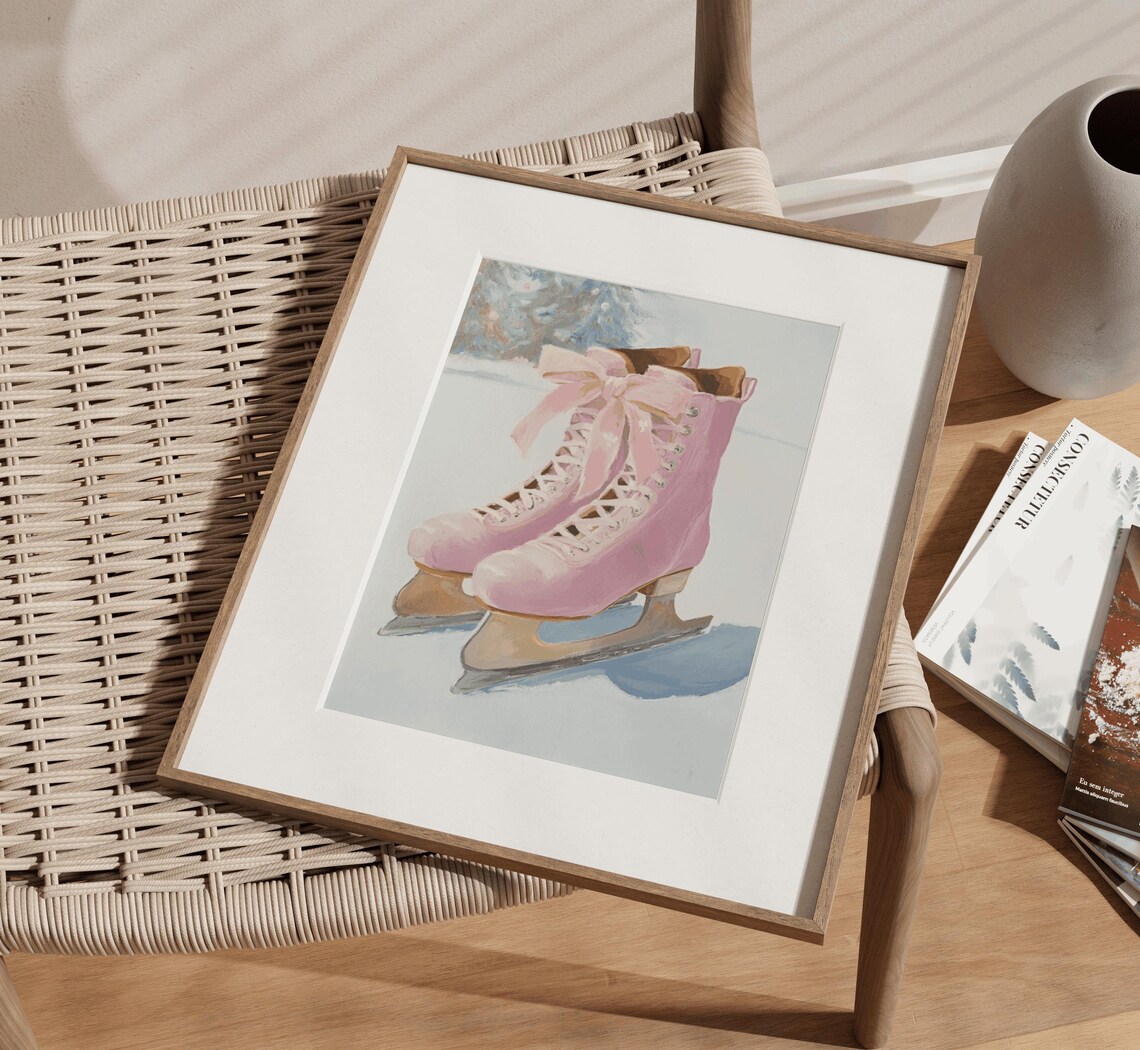 Pink Ice Skates Big Pink Bow Winter Painting Feminine Poster - Image 3