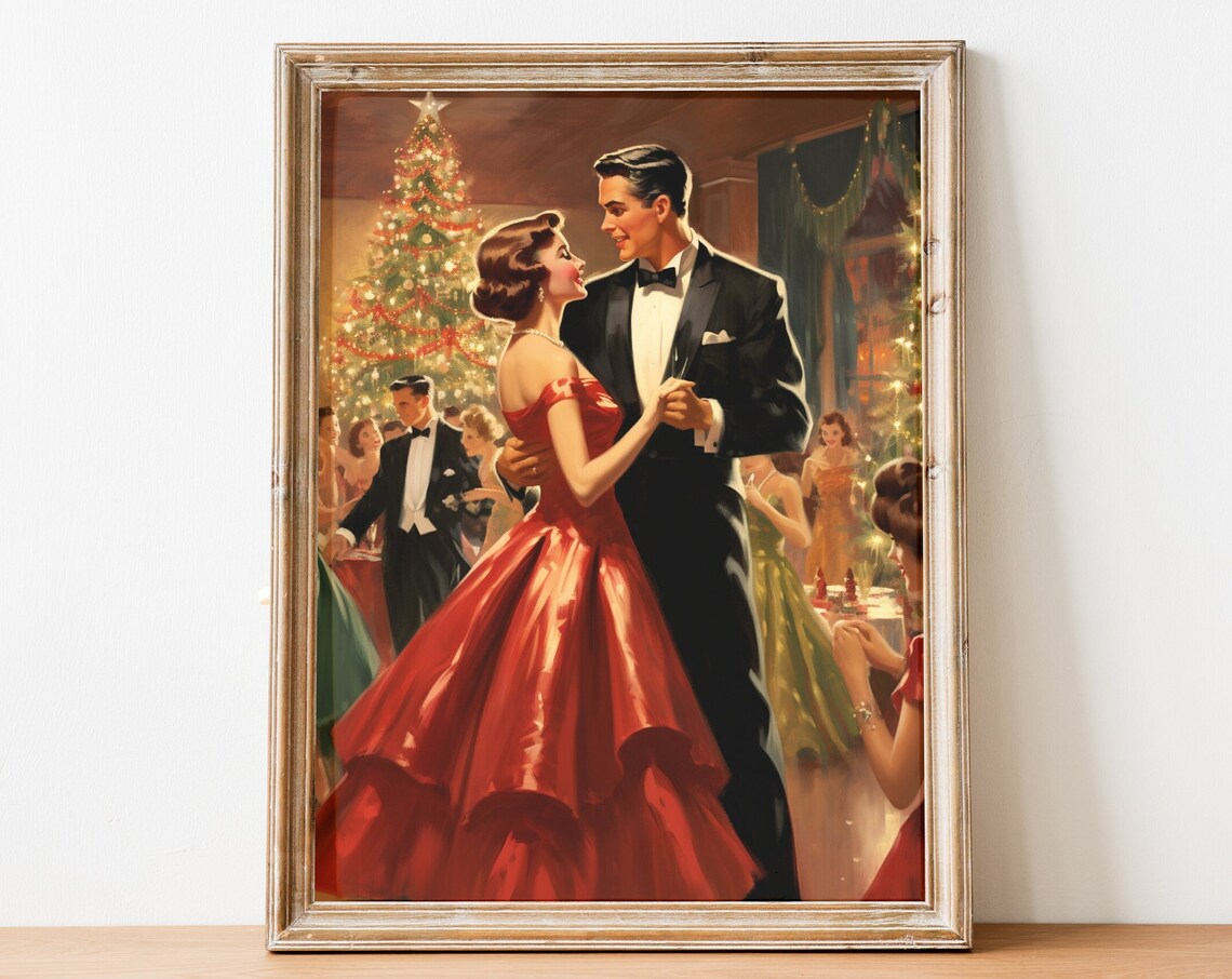 Vintage Christmas Ballroom Dancing Couple Holiday Romance Poster