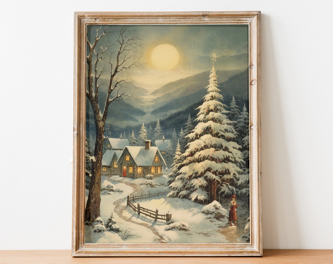 Vintage Christmas Painting Vintage Snow Landscape Christmas Village Wall Art Winter Wall Art Christmas Season Holidays Art