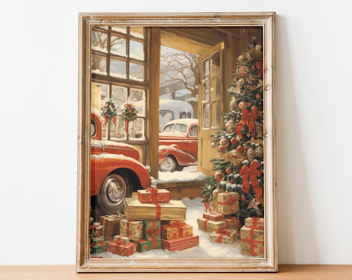 Vintage Red Truck Christmas Homecoming Snowy Driveway Poster