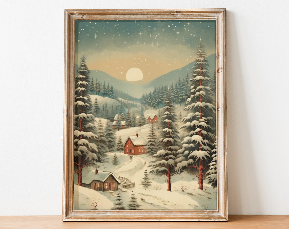 Vintage Christmas Painting Vintage Snow Landscape Christmas Village Wall Art Winter Wall Art Christmas Season Holidays Decor