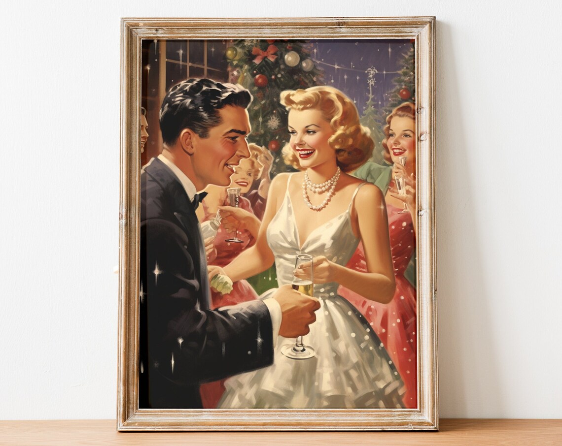 Vintage 1950s Christmas Party Couple Champagne Celebration Poster