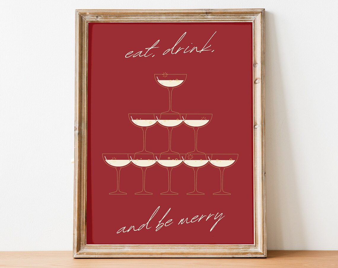 Eat Drink And Be Merry Bold Red Champagne Coupe Tower Party Poster - Image 2