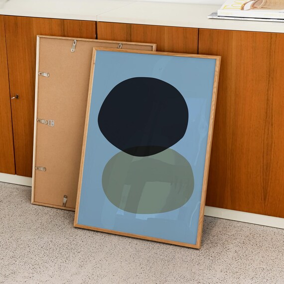 Black and Sage Circles on Dusty Blue Abstract Geometric Japandi Poster