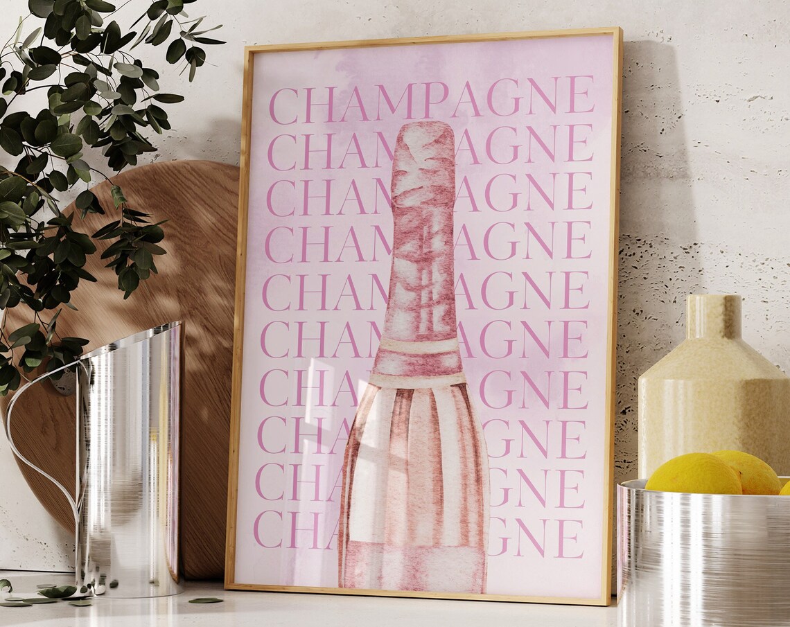 Pink Champagne Bottle Watercolor Typography Girly Bar Cart Poster