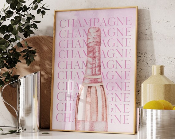 Pink Champagne Bottle Watercolor Typography Girly Bar Cart Poster