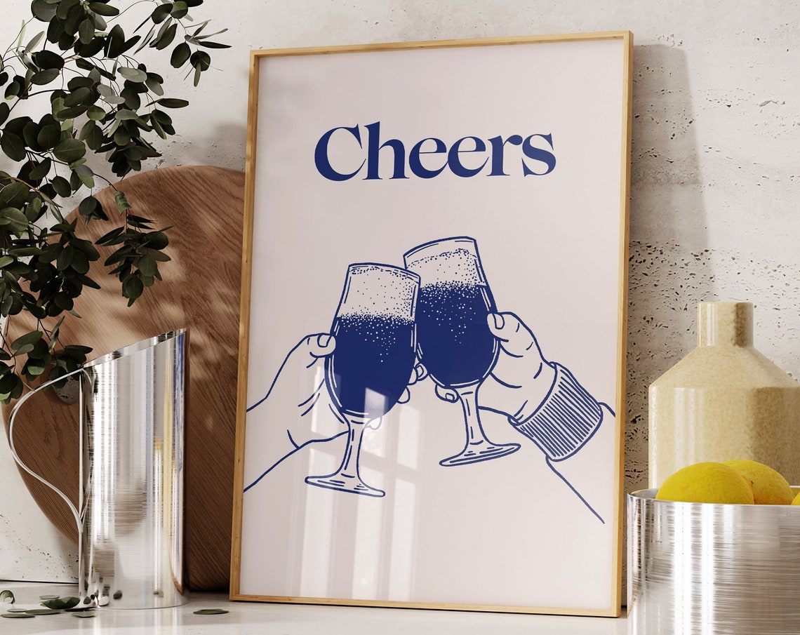 Cheers Navy Line Art Two Hands Clinking Wine Glasses Minimal Poster