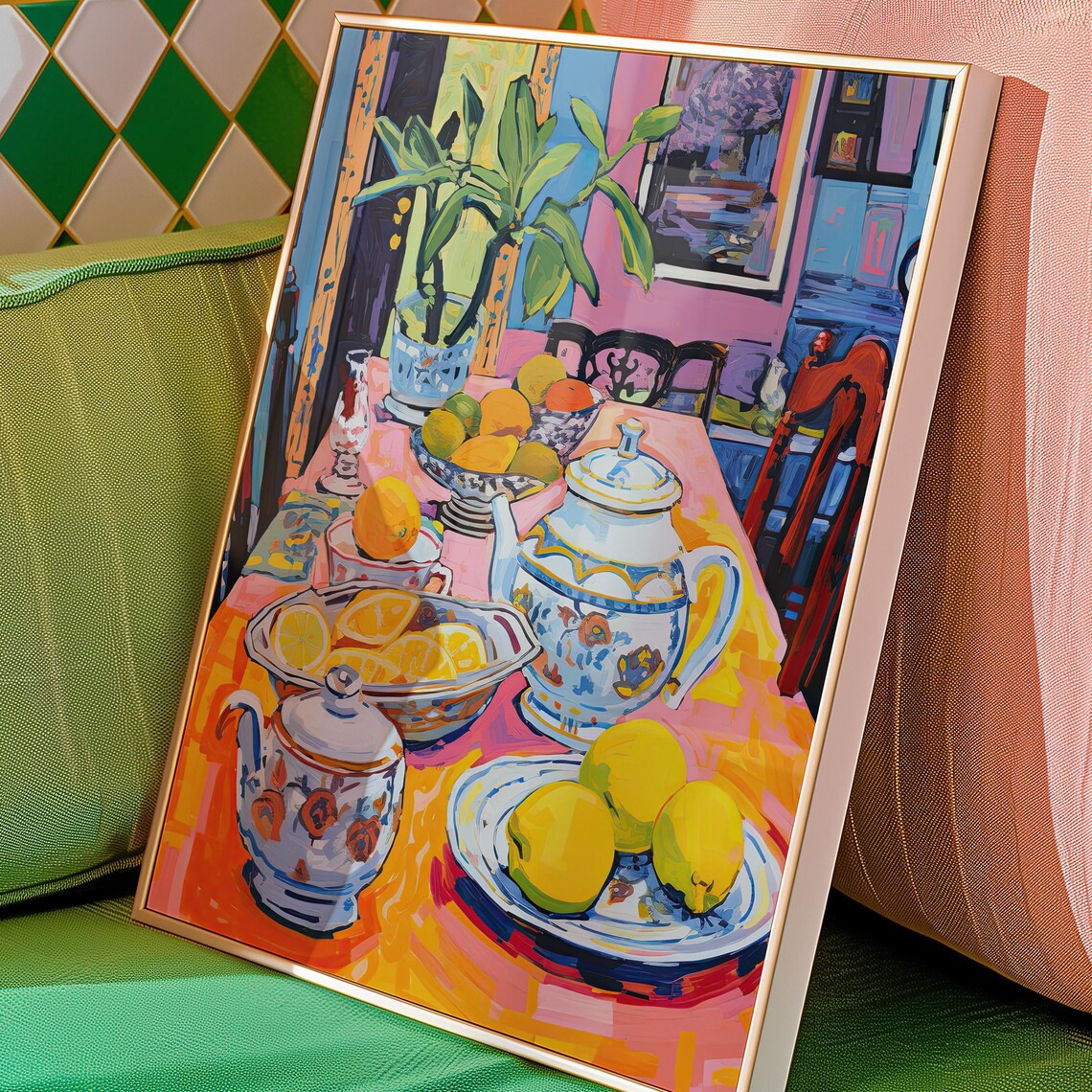 Colorful Fauvist Tea Table Still Life With Lemons and Teapot Poster