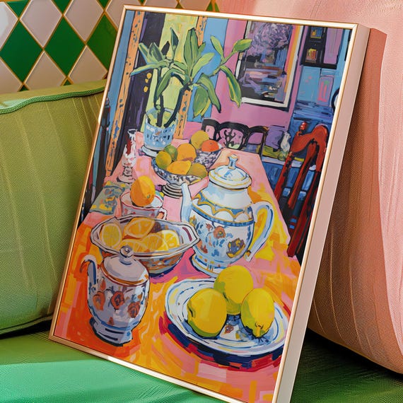 Colorful Lemon Tea Table Print Vibrant Kitchen Still Life Art Maximalist Fruit Decor For Dining Room Or Cafe