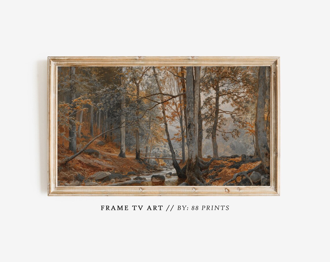Vintage Autumn Forest Stream Moody Landscape Painting Poster