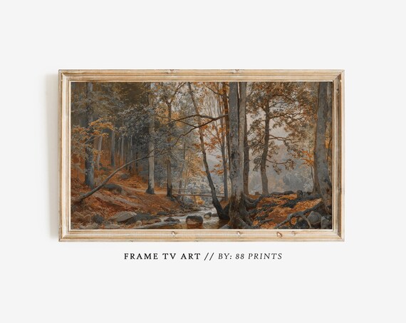 Vintage Autumn Forest Stream Moody Landscape Painting Poster