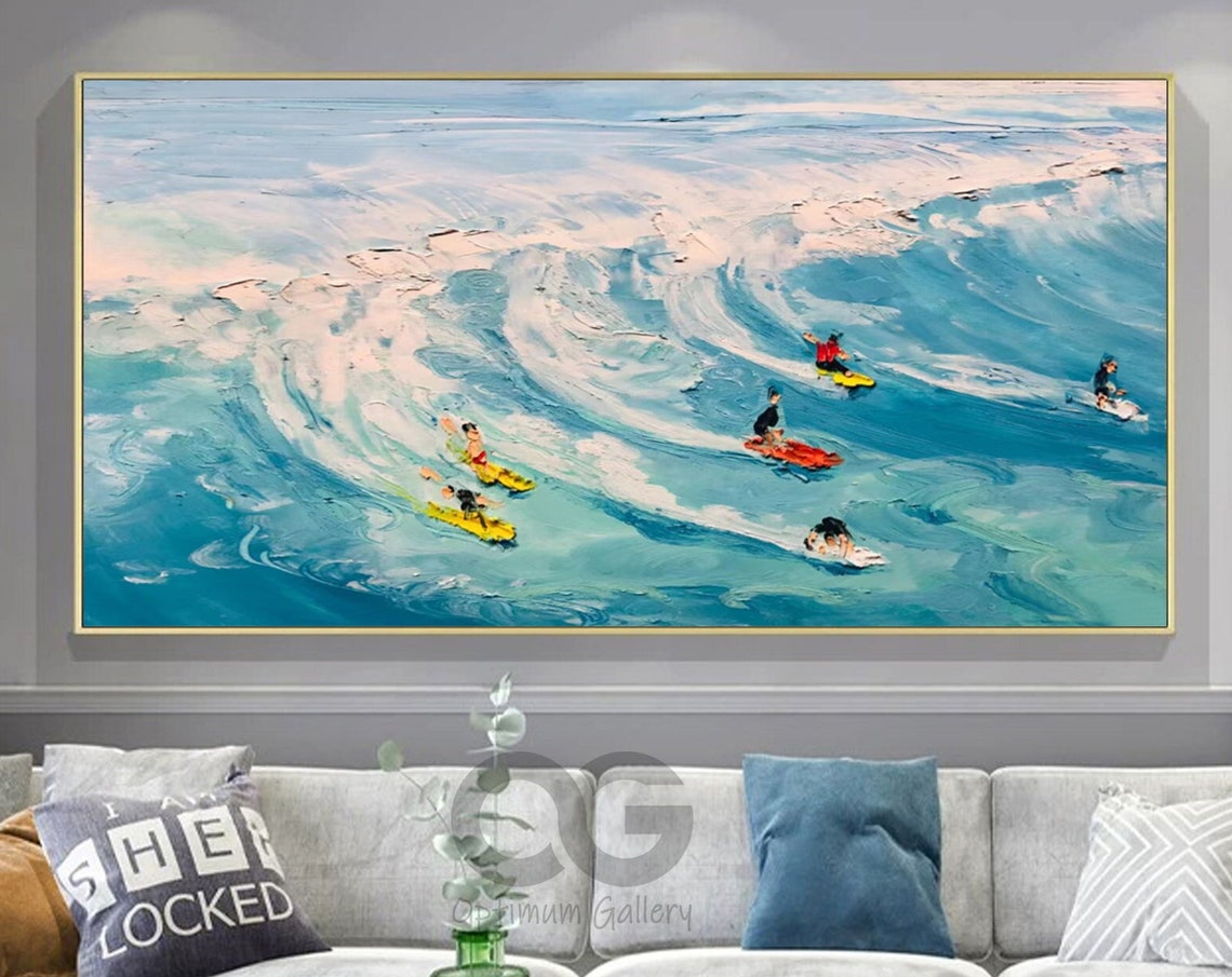 Surfers Riding Big Blue Waves Impasto Ocean Surf Sport Scene Poster - Image 5