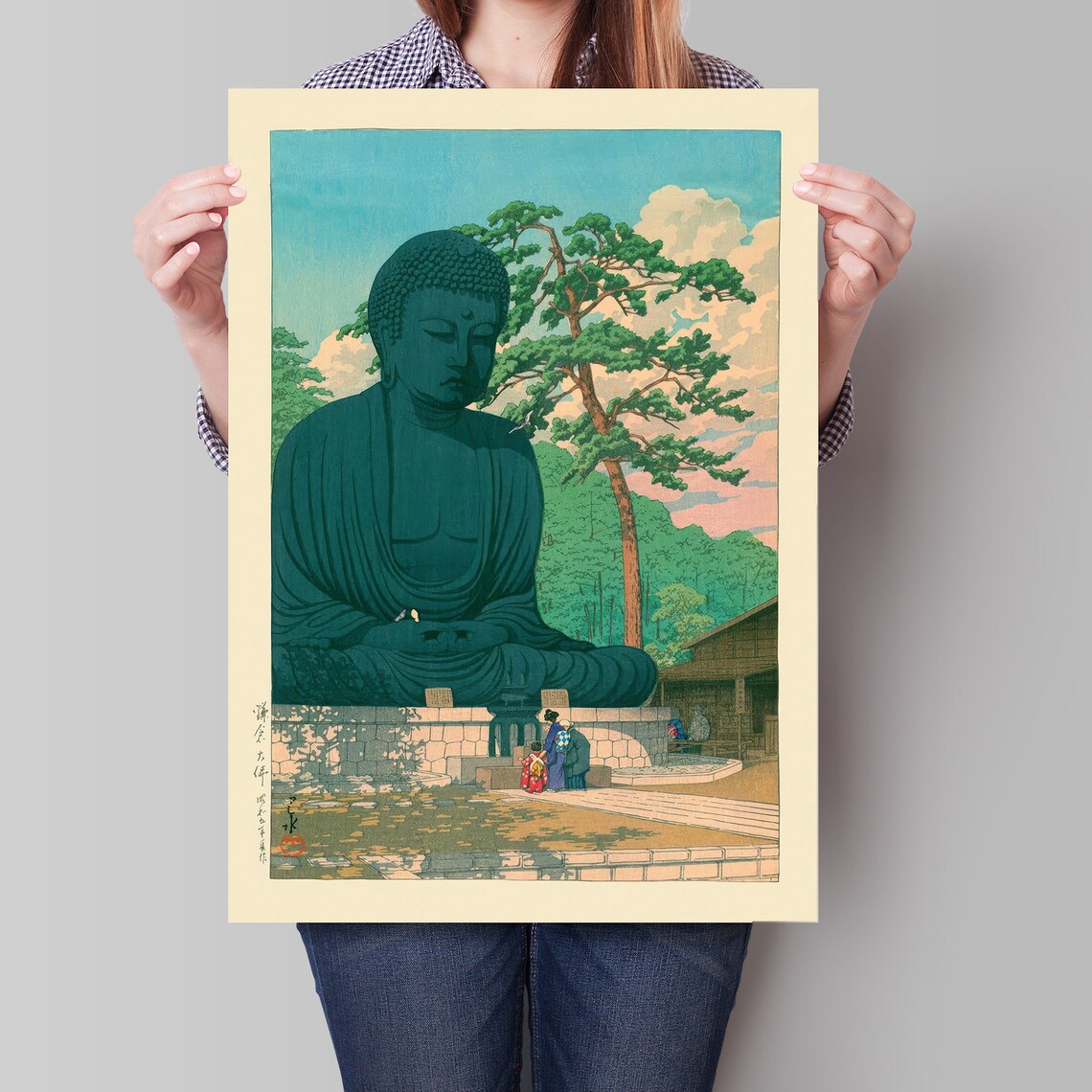 Kawase Hasui Great Buddha Kamakura Bronze Statue Pine Vintage Woodblock Poster - Image 4