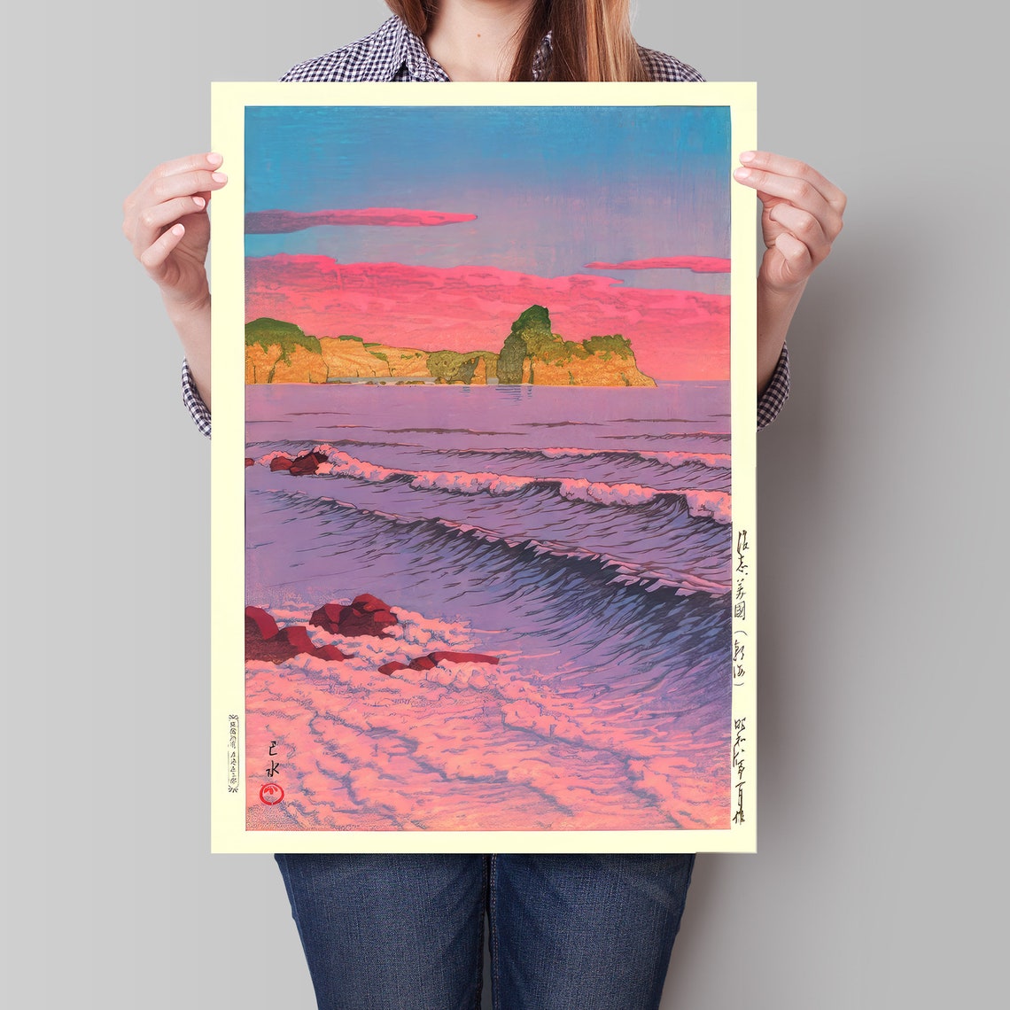 Japanese Pink Sunrise Sea Waves Woodblock Style Morning Poster - Image 4