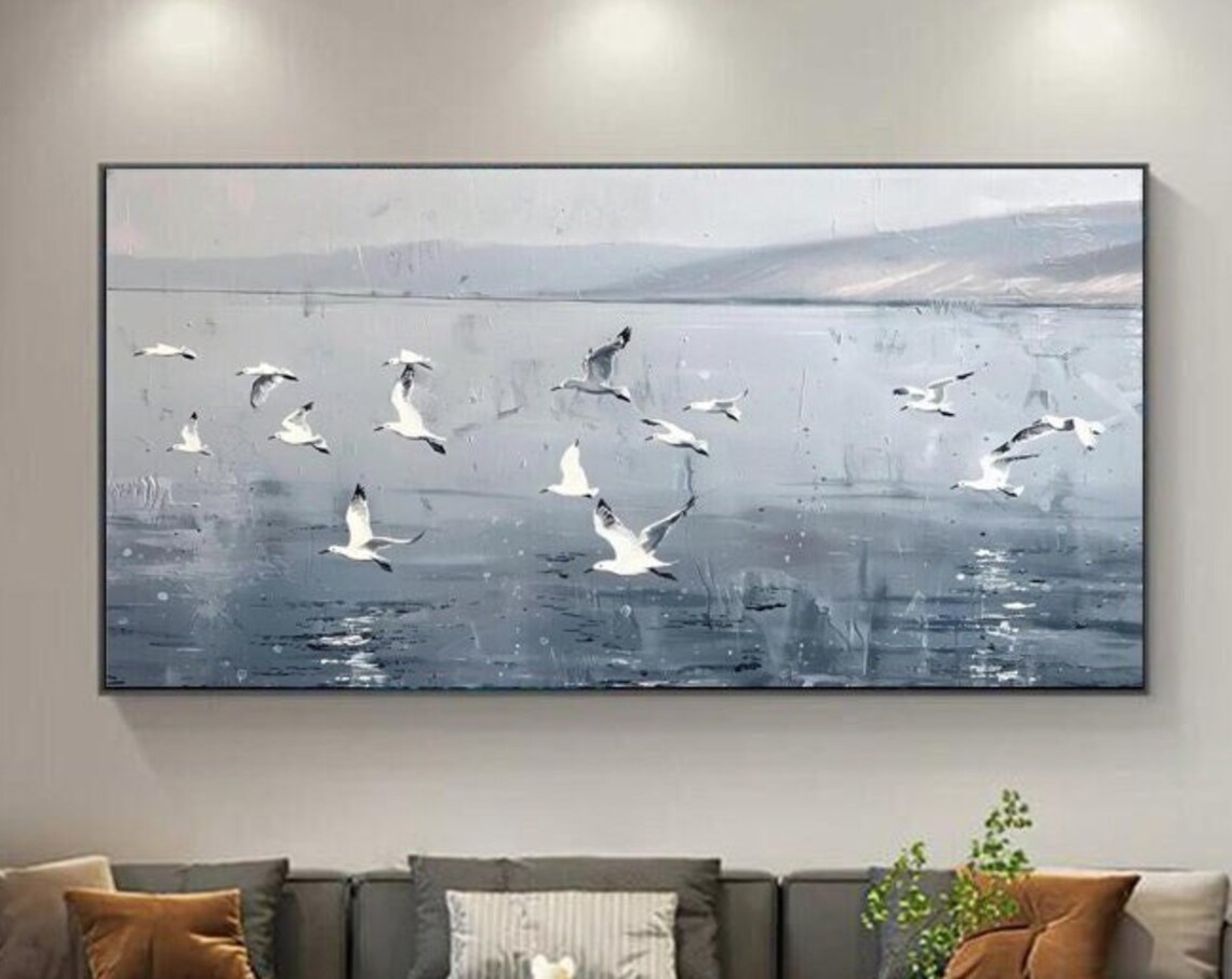 Seagulls Flying Over Grey Seascape Minimalist Bird Art Painting Poster