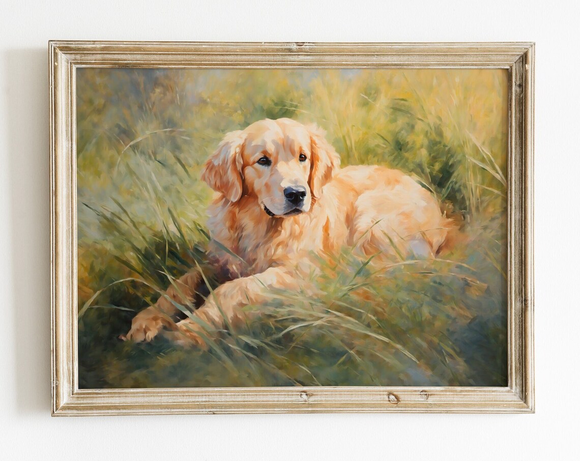 Golden Retriever in Grass, Rustic Dog Art Print