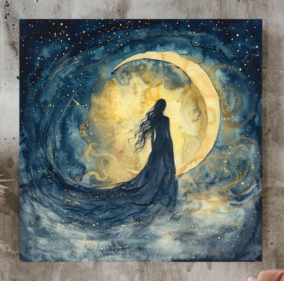 Moon Goddess Art Print, Mystical Celestial Woman