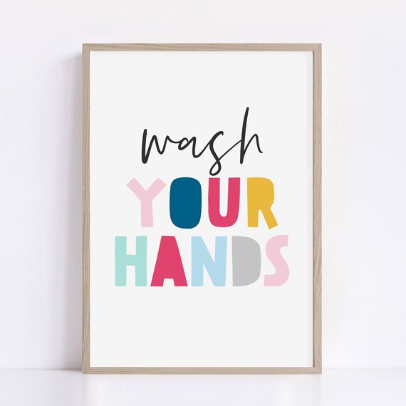 Wash Your Hands Colorful Typography Kids Bathroom Decor Sign Poster