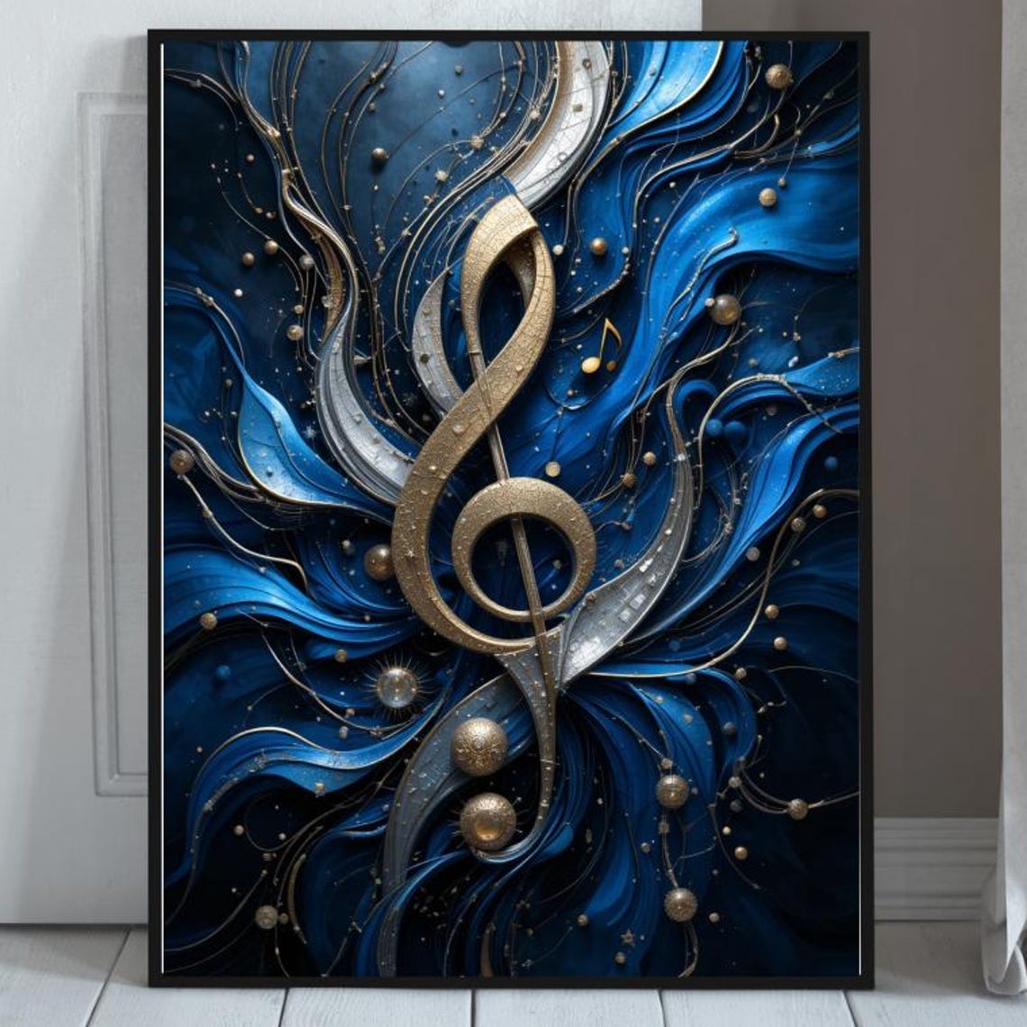Golden Treble Clef Poster with Deep Blue Flowing Ocean Wave Art