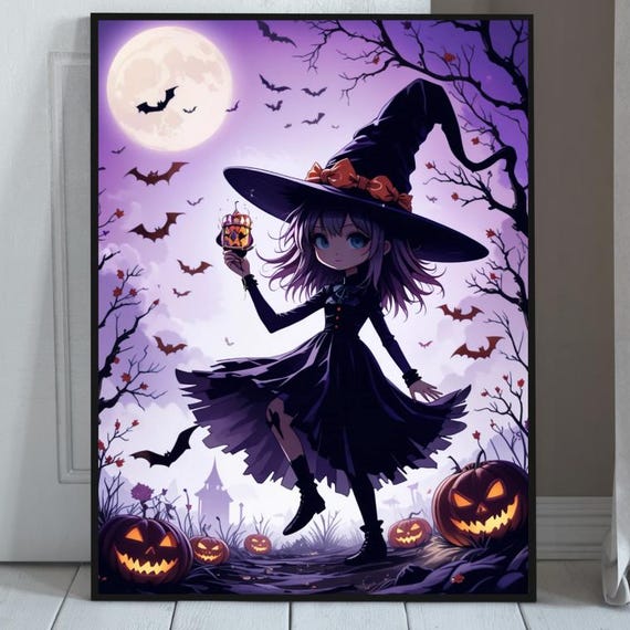 Halloween Season Creepy Poster Print Ghosts Pumpkins And Witches Fright Wall Art All Hallows Scary Picture Cute Witch Decor