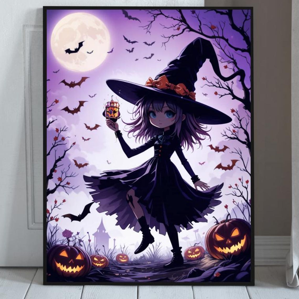Cute Anime Witch Girl With Lantern Pumpkins Bats Spooky Night Poster